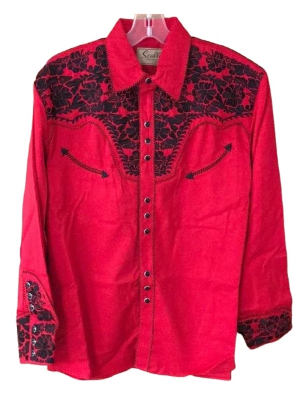 Scully Men’s Unisex red w/ black embroidered western chic pearl snap S/men M/wm